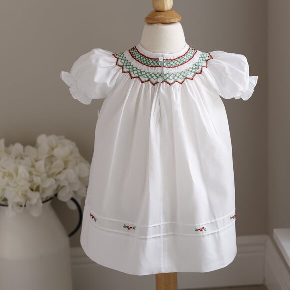 White Smocked Feltman Brothers Bishop Dress Red Green Embroidery NWT - Picture 4 of 6